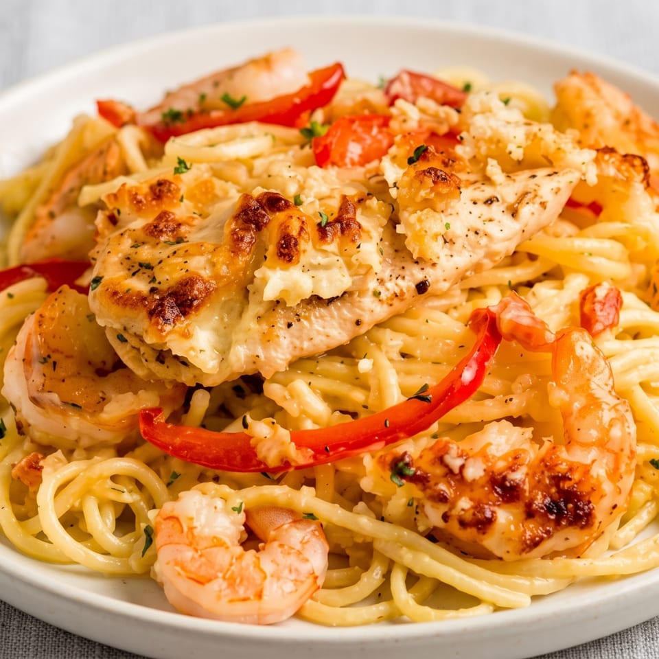 Creamy spaghetti with grilled chicken, shrimp, red bell peppers, and herbs in a white bowl.