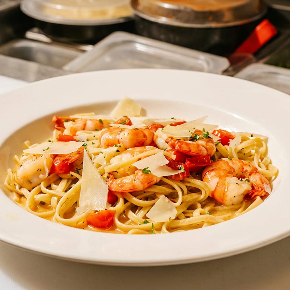 White bowl of pasta with shrimp, cherry tomatoes, and parmesan cheese in a kitchen setting.