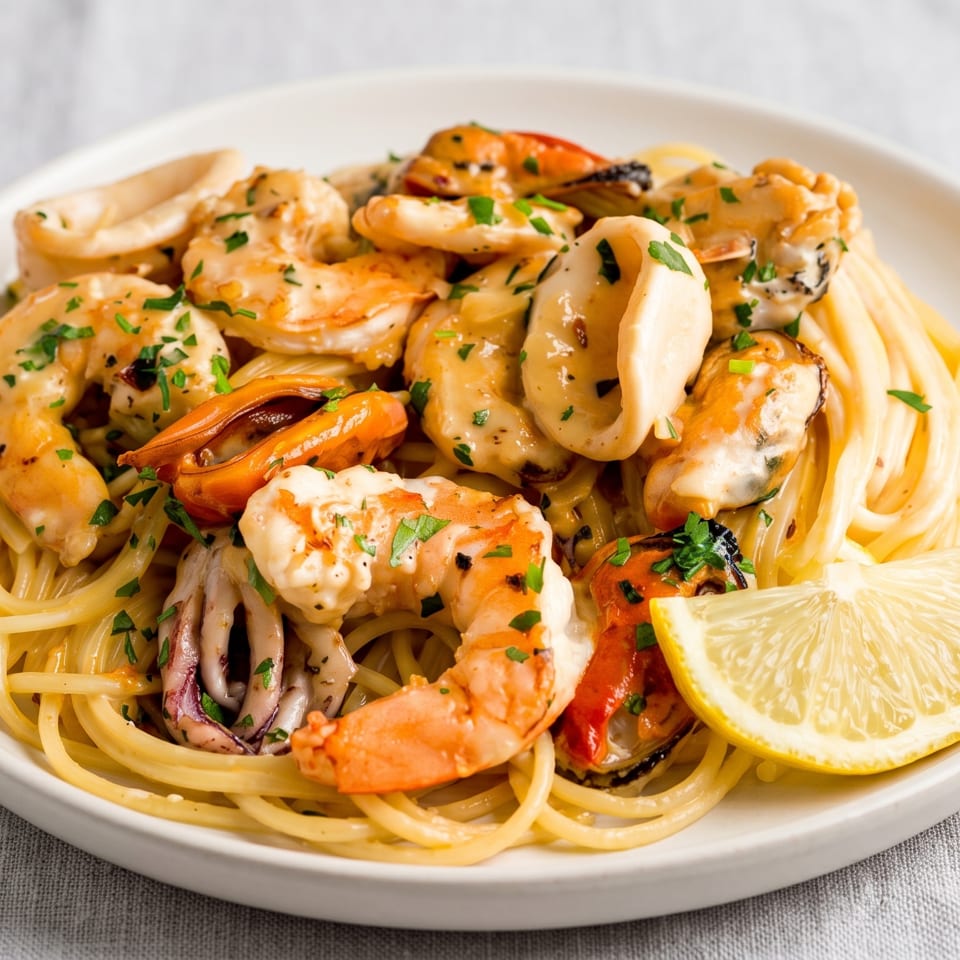 Seafood pasta with shrimp, mussels, calamari, and a lemon wedge on a white plate.