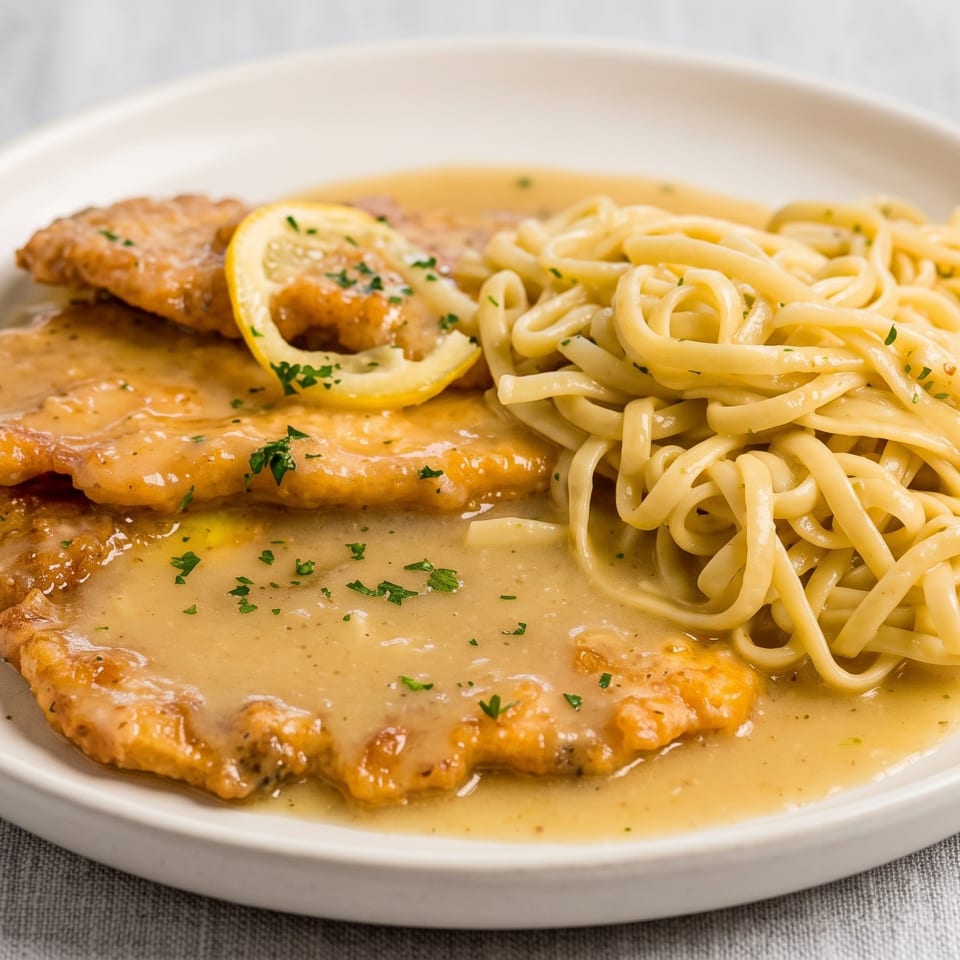 Chicken piccata with lemon slices and linguine pasta in a white sauce on a white plate.