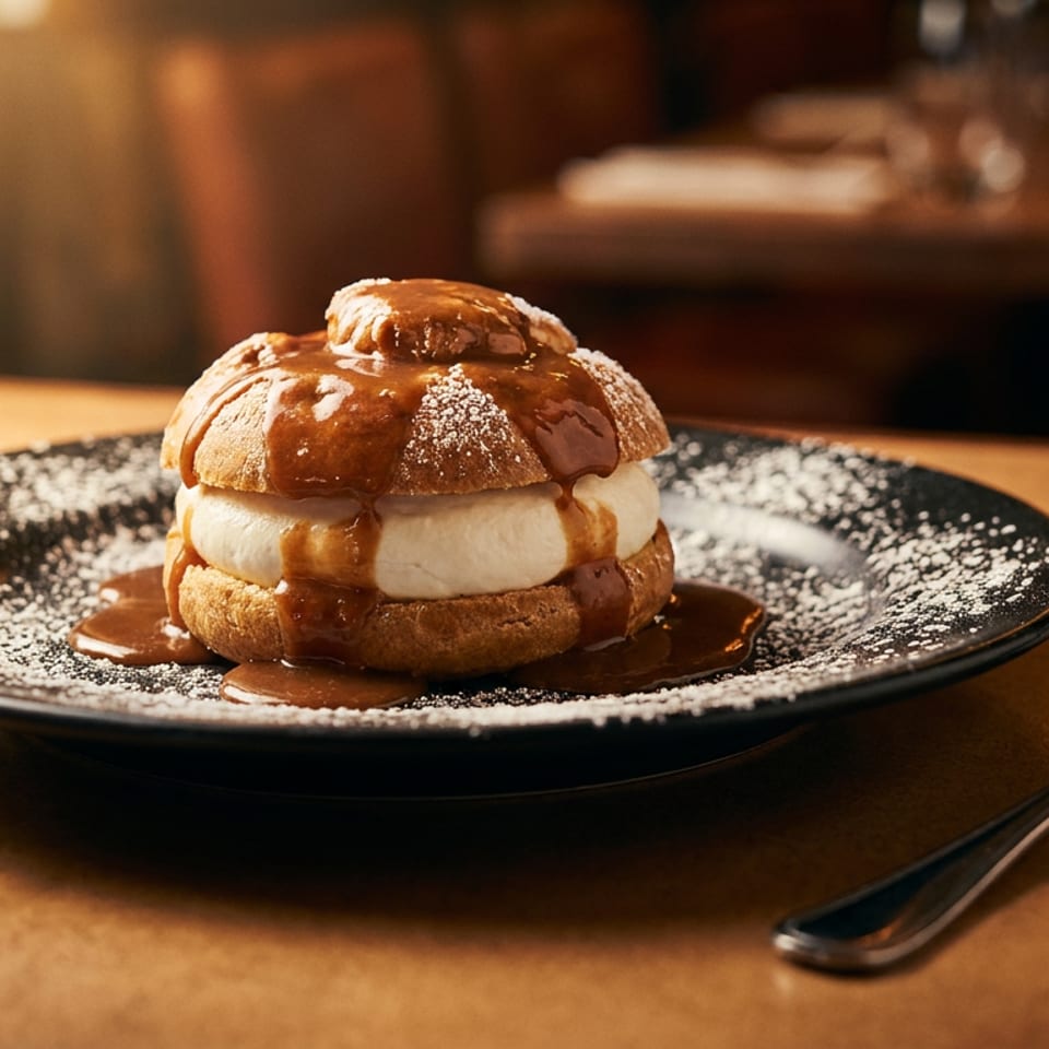Delicious cream puff dessert with caramel sauce and powdered sugar on a dark plate.