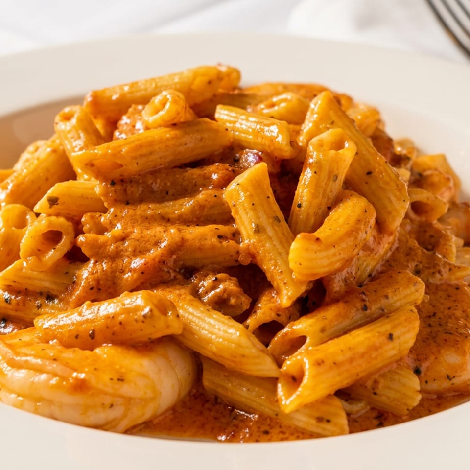 Penne pasta with shrimp in a creamy red sauce on a white plate with a fork.