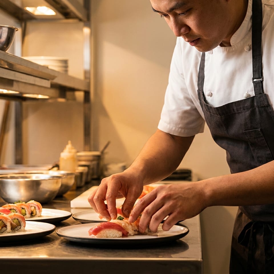 Chef meticulously arranges sushi rolls and nigiri on plates in a professional kitchen.
