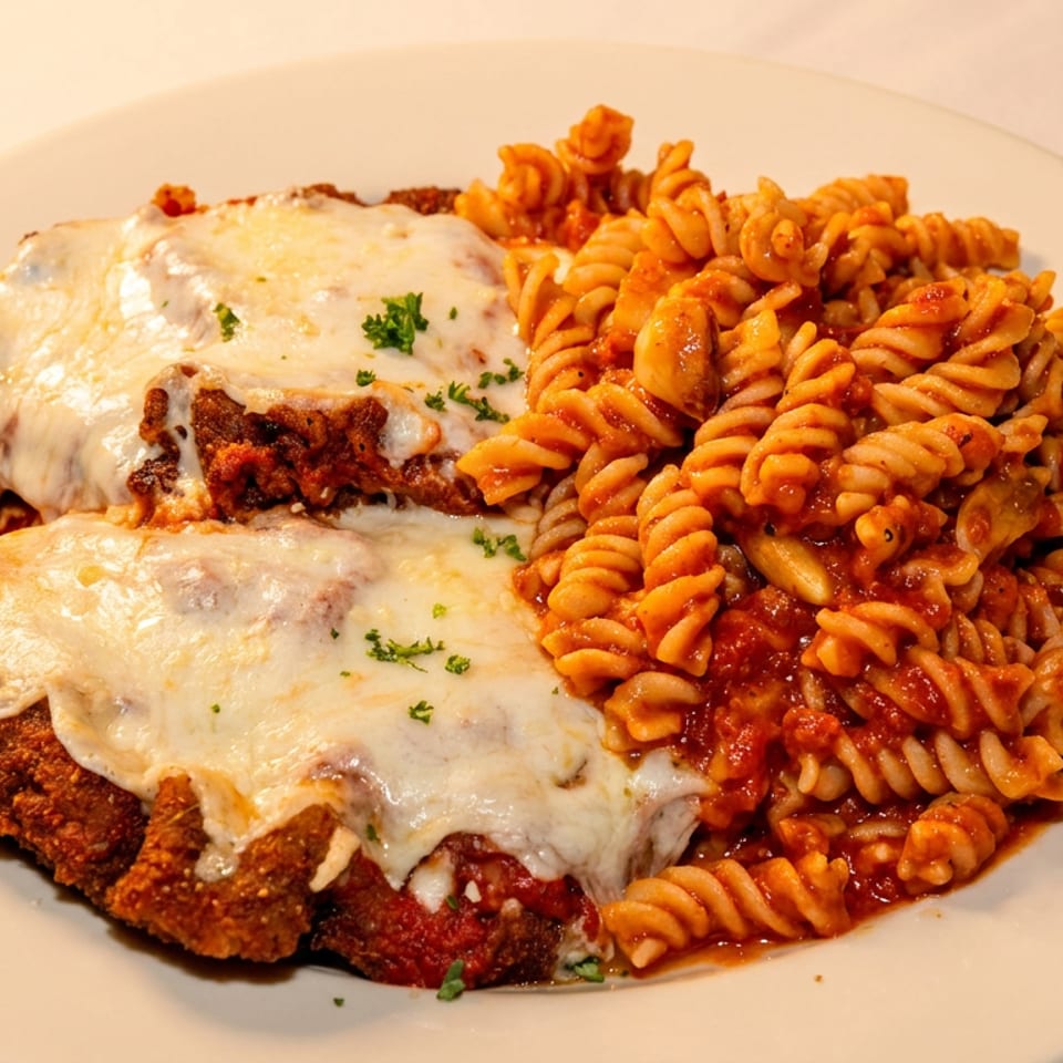 Chicken parmesan with melted cheese and a side of rotini pasta in red sauce on a white plate.